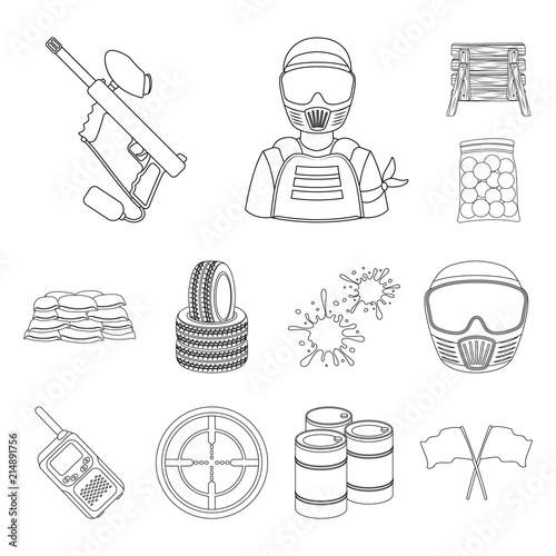 Paintball, team game outline icons in set collection for design. Equipment and outfit vector symbol stock web illustration.
