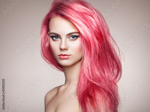 Beauty Fashion Model Girl with Colorful Dyed Hair. Girl with Perfect Makeup and Hairstyle. Model with Perfect Healthy Dyed Hair