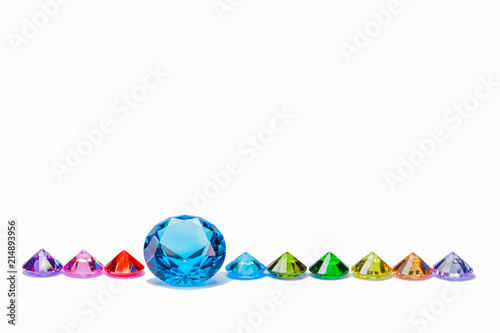 round blue and colorful diamonds in white background with copy space photo