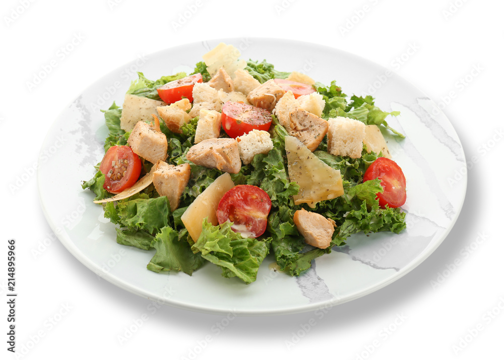 Plate with tasty Caesar salad on white background Plate with tasty Caesar salad on white background