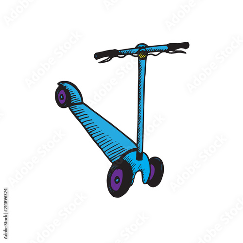 Blue kick scooter, hand drawn doodle, sketch, vector color illustration
