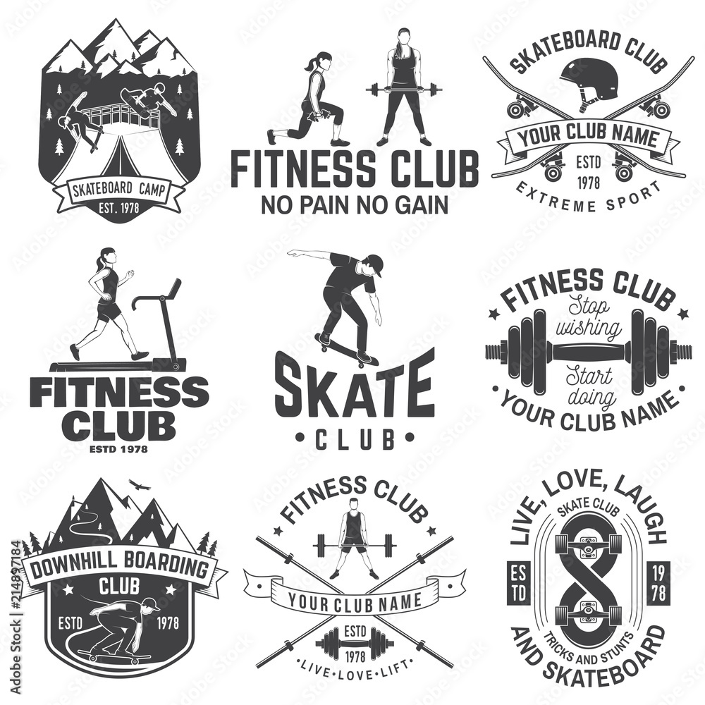 Fototapeta premium Zestaw koncepcji klubu fitness i deskorolka z dziewczynami robi ćwiczenia i sylwetka deskorolkarza. Wektor