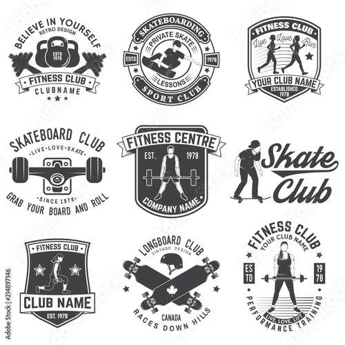 Set of fitness and skate board club concept with girls doing exercise and skateboarder silhouette. Vector
