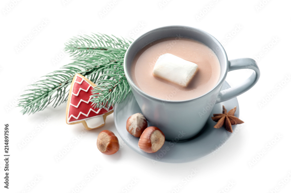 Cup of delicious hot cocoa with Christmas cookie and fir tree branch on white background Cup of delicious hot cocoa with Christmas cookie and fir tree branch on white background