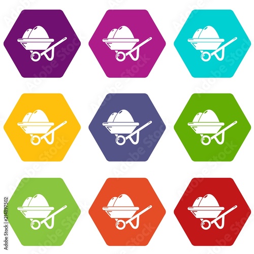Wheelbarrow icons 9 set coloful isolated on white for web
