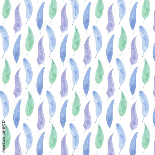 Watercolor seamless pattern. Background with feathers.