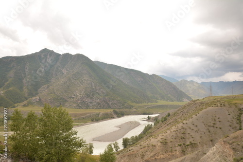 mountains, landscape, nature, waterfall, view, sky, air, oxygen, autumn, season, grass, trees, blue, yellow, sand, stone, gray, brown, water, river, rocks, rock, blue, Altai, Russia, red, orange, leav