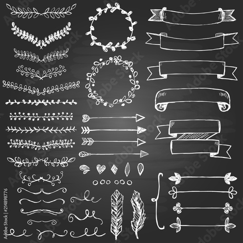 Set of hand drawn design elements on the blackboard