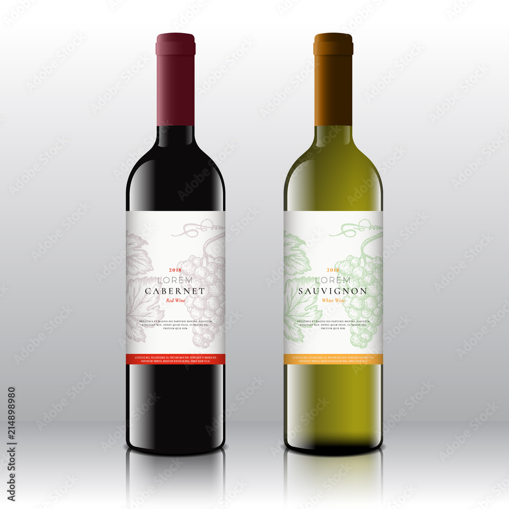 Premium Quality Red and White Wine Labels Set on the Realistic Vector Bottles. Clean and Modern Design with Hand Drawn Grapes Bunch, Leaf and Retro Typography.