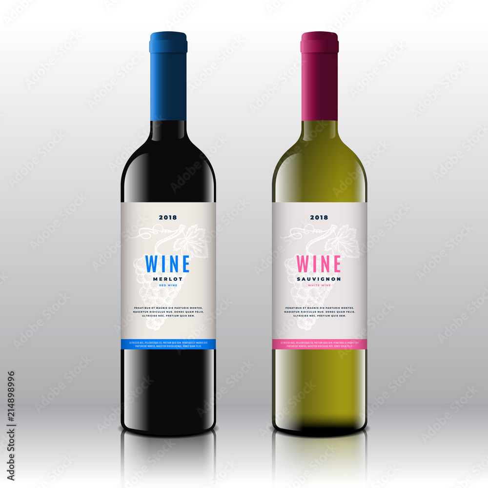 Premium Quality Red and White Wine Labels Set on the Realistic Vector Bottles. Clean and Modern Design with Hand Drawn Grapes Bunch, Leaf and Stylish Minimal Typography.