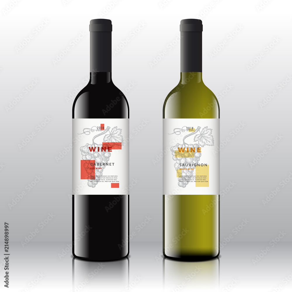 Stylish Contemporary Art Red and White Wine Labels Set on the Realistic Vector Bottles. Clean and Modern Design with Hand Drawn Grapes Bunch, Leaf and Retro Typography.