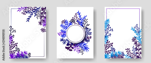 Vector invitation cards with herbal twigs and branches wreath and corners bor...