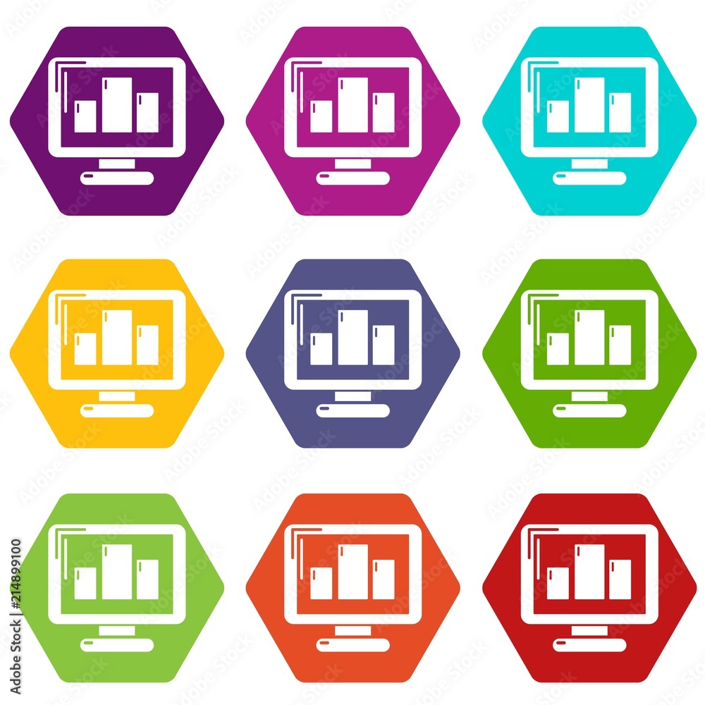 Monitor icons 9 set coloful isolated on white for web