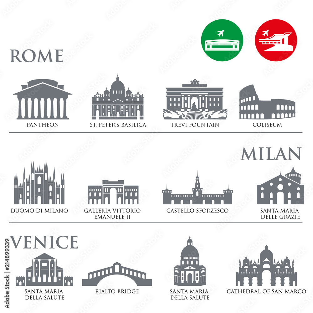 Set of Italy symbols, landmarks in gray color. Vector illustration. Venice, Milan,Italy, Rome