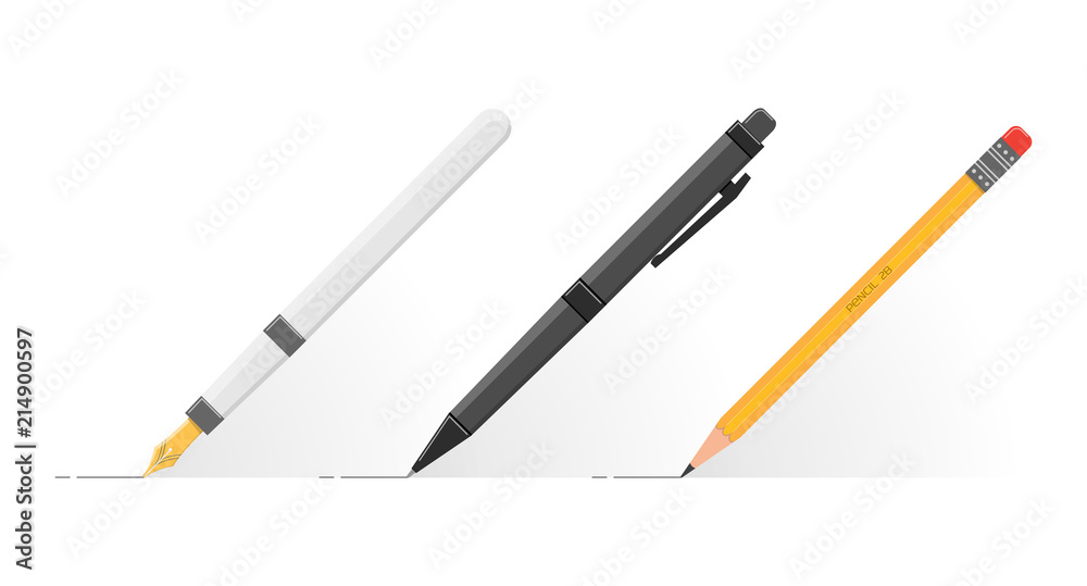 Set of fountain pen, black ball pen and wooden pencil with eraser at an angle of 45 degrees. Office writing items. Realistic flat style vector illustration.