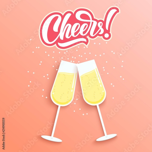 Cheers hand lettering, custom typography, brush calligraphy with paper cut art two chamagne glasses, on retro ink background. Vector drink illustration.