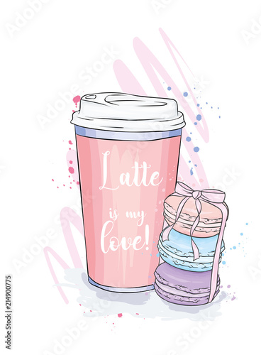 A cup of coffee and a stack of macaroons. Vector illustration. Food and drink, vintage and retro. Print for postcard or poster. Coffee to go. Paper cup.
