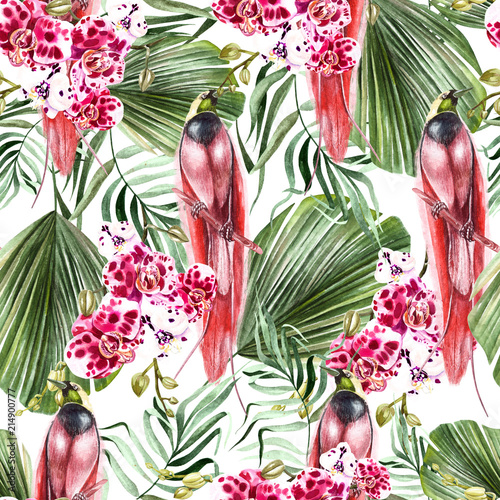 Beautiful watercolor seamless, tropical jungle floral pattern background with...