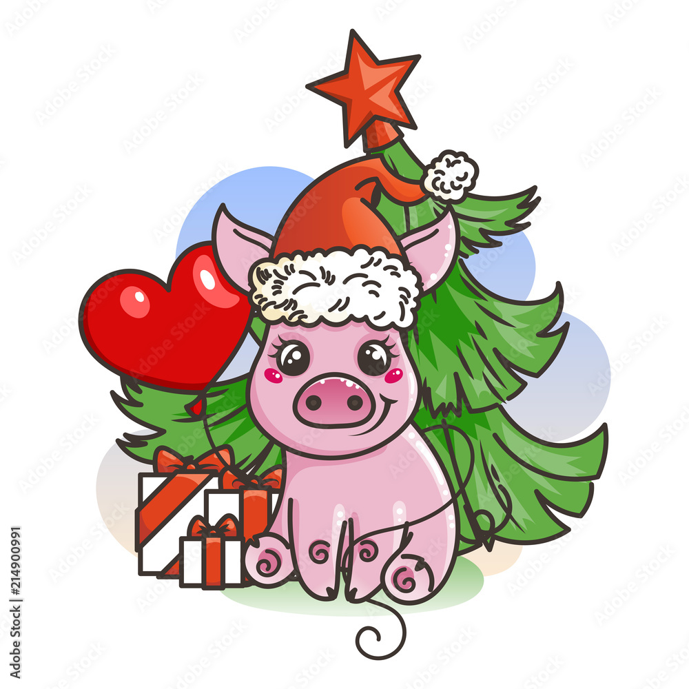 Fototapeta premium Happy New 2019 Year card with cartoon baby pig. Small symbol of holiday.