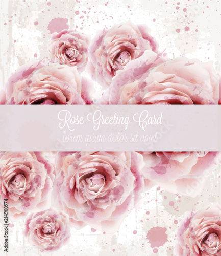 Watercolor pink roses background Vector. Beautiful floral decors
