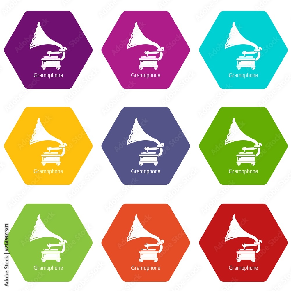 Gramophone icons 9 set coloful isolated on white for web Gramophone icons 9 set coloful isolated on white for web
