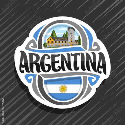 Vector logo for Republic of Argentina, fridge magnet with argentinian flag, original brush typeface for word argentina, argentinian symbol - civic center in San Carlos de Bariloche on sky background.
