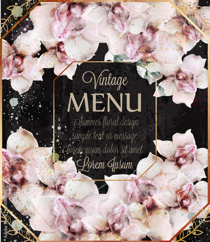 Orchid flowers wedding card watercolor Vector. Beautiful floral decor black b...