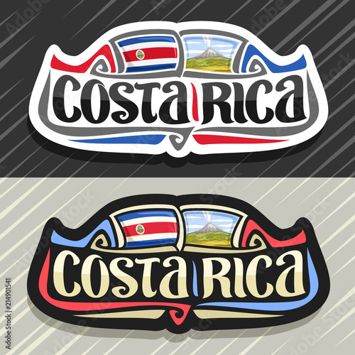 Vector logo for Costa Rica country, fridge magnet with state flag, original brush typeface for words costa rica and national symbol - erupting Arenal Volcano in jungle on blue cloudy sky background.