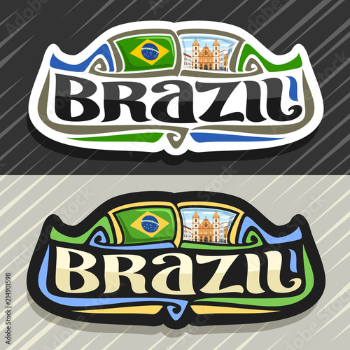 Vector logo for Brazil country, fridge magnet with brazilian flag, original brush typeface for word brazil and national brazilian symbol - Church of St. Francis in Salvador on cloudy sky background. photo