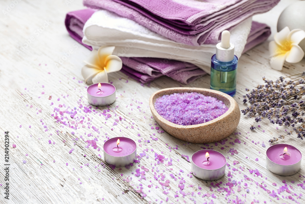 Spa composition with lavender on wooden background Spa composition with lavender on wooden background