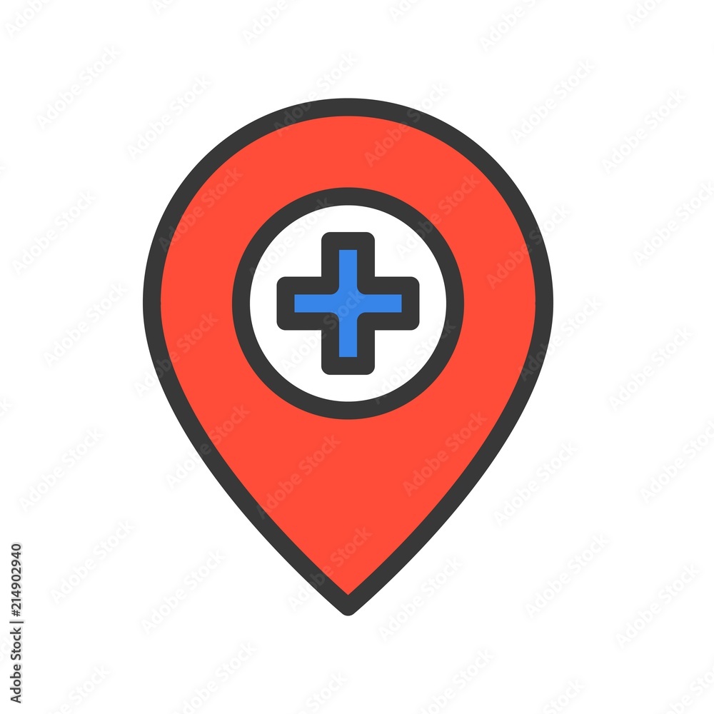 Pin of Hospital location, filled outline icon