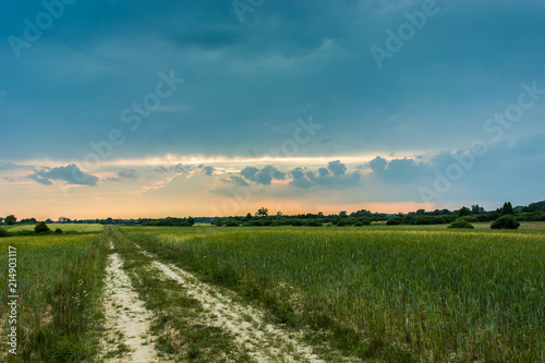 Road through the field and dark clouds