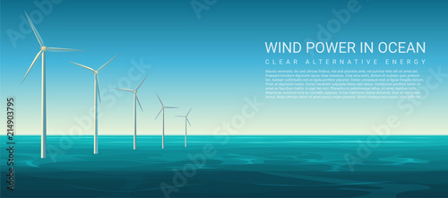 Vector Wind energy power concept poster header with wind turbines in ocean.