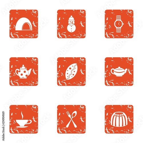 Tea table icons set. Grunge set of 9 tea table vector icons for web isolated on white background