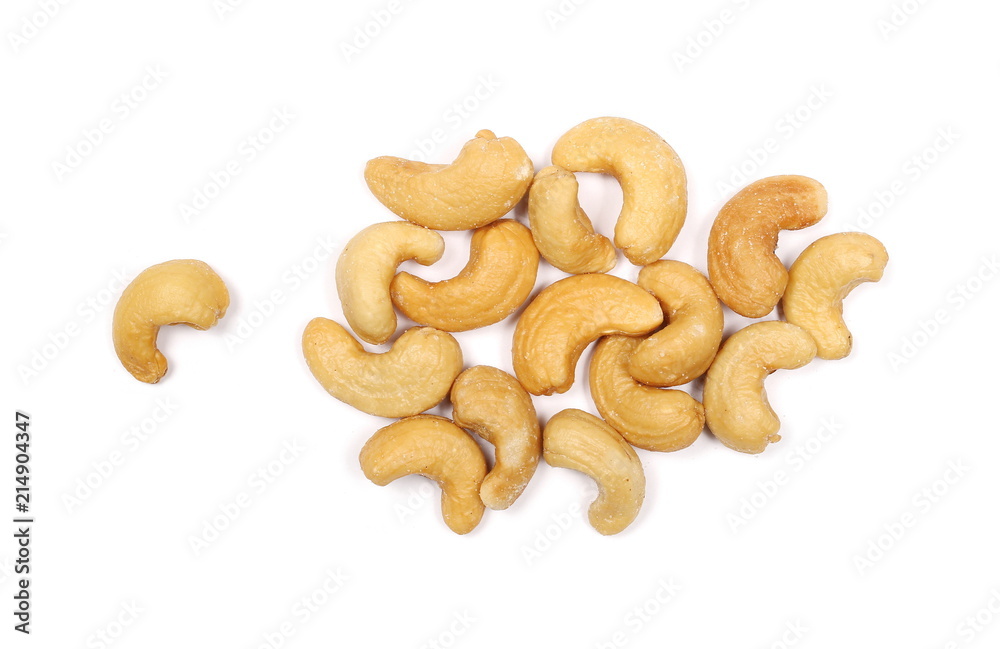 Salted cashew nuts isolated on white background, top view Salted cashew nuts isolated on white background, top view