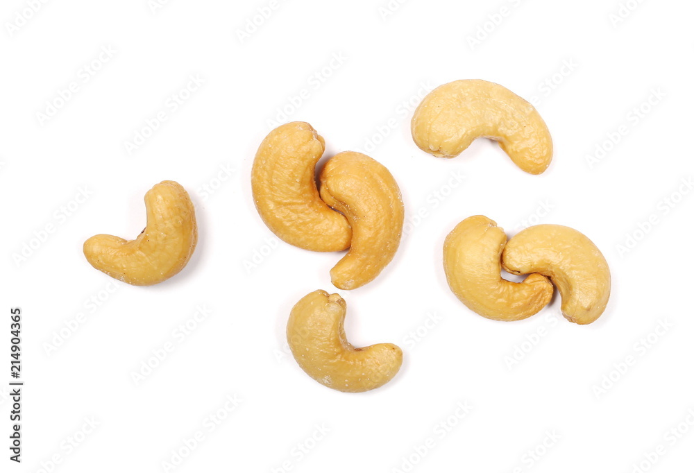 Salted cashew nuts isolated on white background, top view