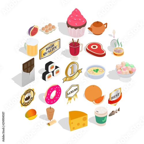 Harmful food icons set. Isometric set of 25 harmful food vector icons for web isolated on white background