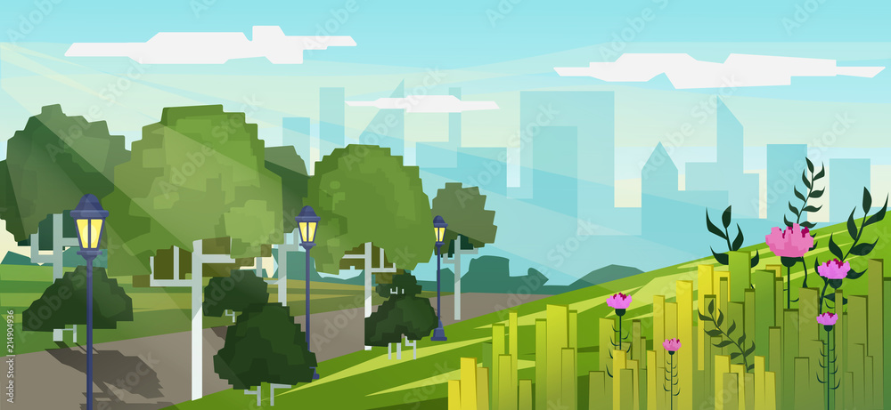 Vector modern pixel game style illustration of city public park with skyscrapers buildings background.