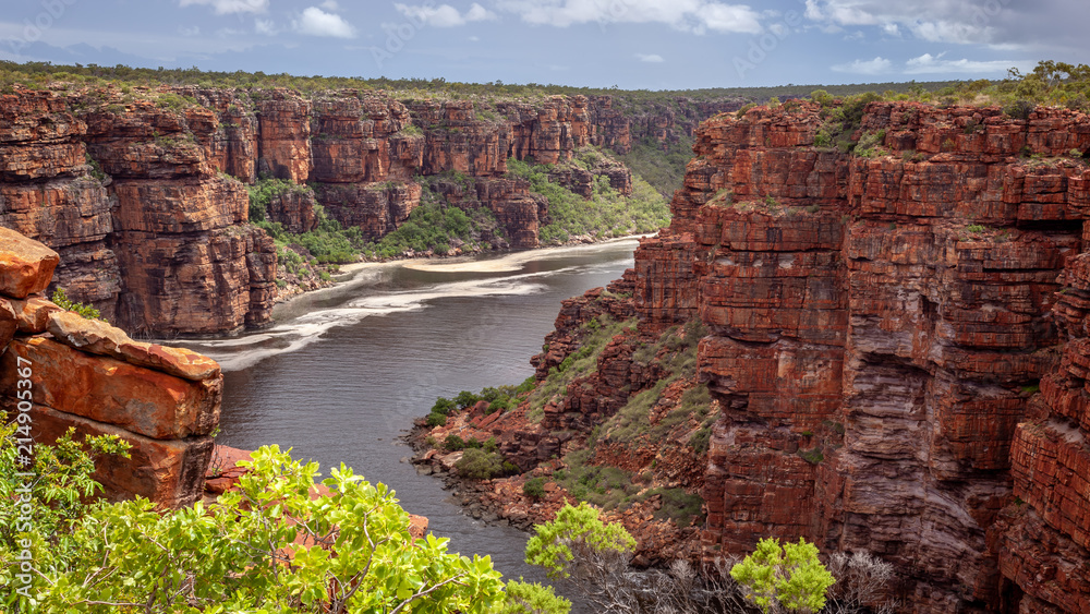 Landscape view looking into the gorge and tidal inlet below the twin falls on the King George River, Kimberley, Australia - obrazy, fototapety, plakaty 