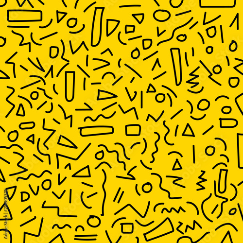 Hand draw black geometric memphis pattern 80's-90's styles on yellow background. photo