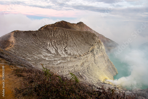 View from Ijen Crater, Sulfur fume at Kawah Ijen, Vocalno in Indenesia photo