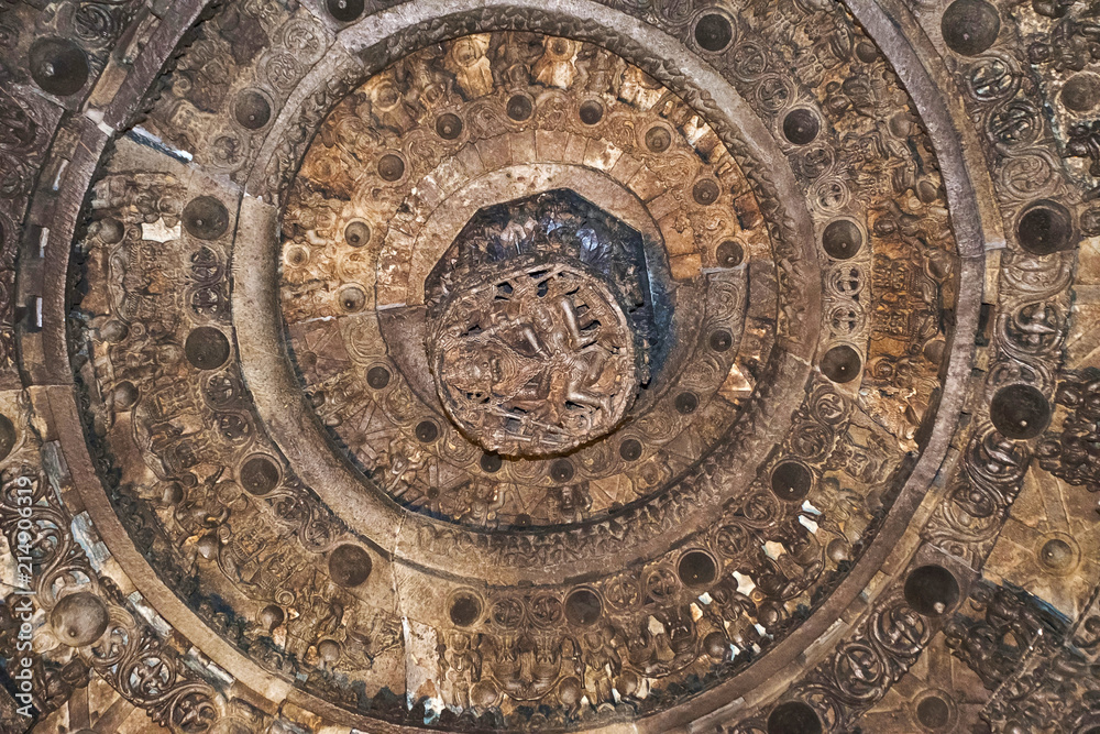 Ceiling of Chennakeshava temple, Belur, Karnataka. There is a prominent carving of Lord Vishnu as Narsimha in the centre.