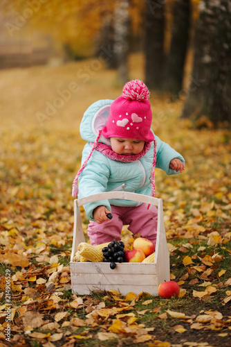 little girl with autumn harvest in park