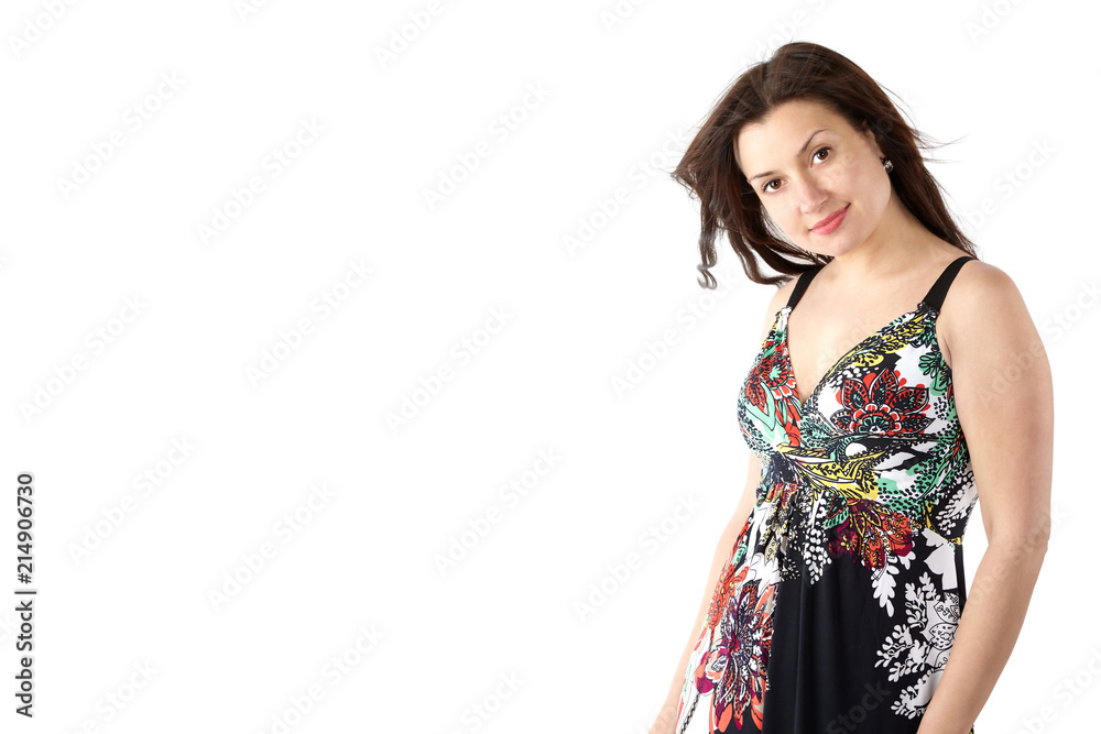 young beautiful woman in sundress with colorful flower pattern young beautiful woman in sundress with colorful flower pattern