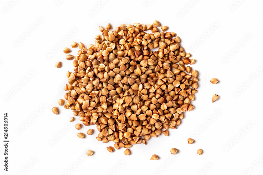 Macro top view image of buckwheat pile isolated at white background. Macro top view image of buckwheat pile isolated at white background.