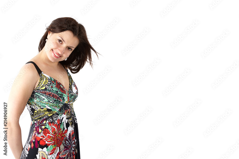 young beautiful woman in sundress with colorful flower pattern young beautiful woman in sundress with colorful flower pattern