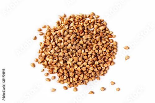 Macro top view image of buckwheat pile isolated at white background.