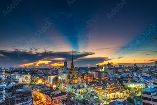 Top view Cityscape Wat Traimitr-withayaram or Wat Tri-mit in Yaowarat area in Bangkok city, Bangkok, Thailand.