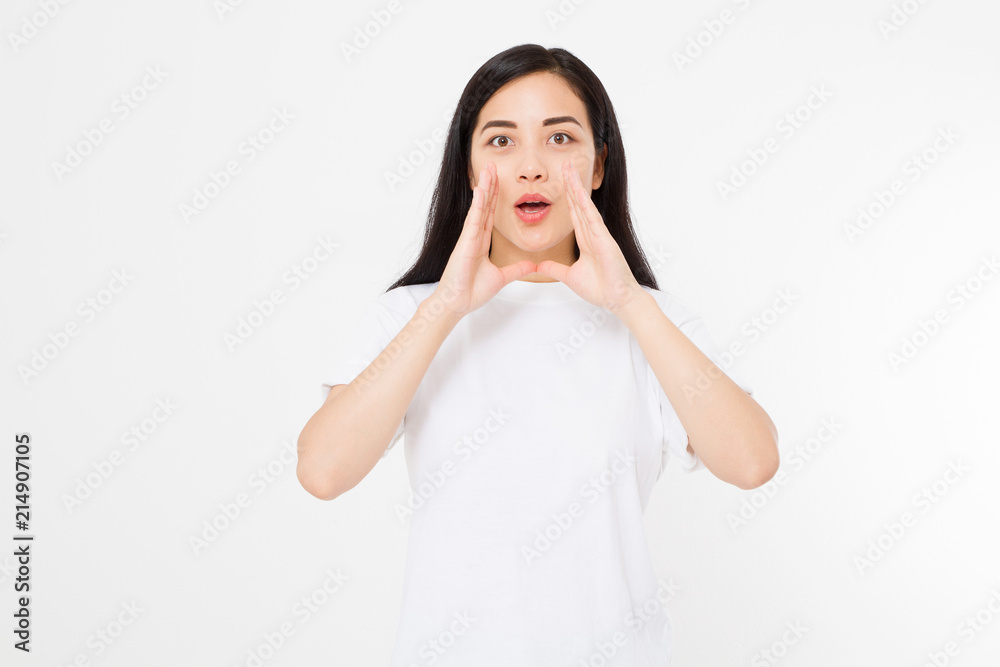 Japanese asian young woman shouting hot news. gossip girl isolated on white background. Summer t shirt template blank. Copy space Japanese asian young woman shouting hot news. gossip girl isolated on white background. Summer t shirt template blank. Copy space