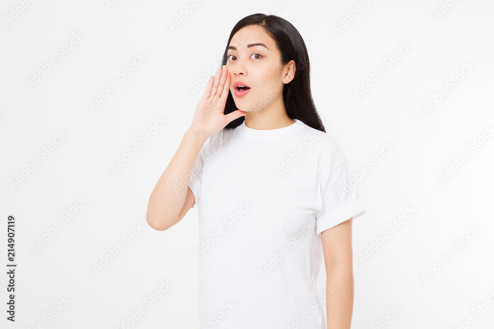 Japanese asian young woman shouting hot news. gossip girl isolated on white background. Summer t shirt template blank. Copy space Japanese asian young woman shouting hot news. gossip girl isolated on white background. Summer t shirt template blank. Copy space